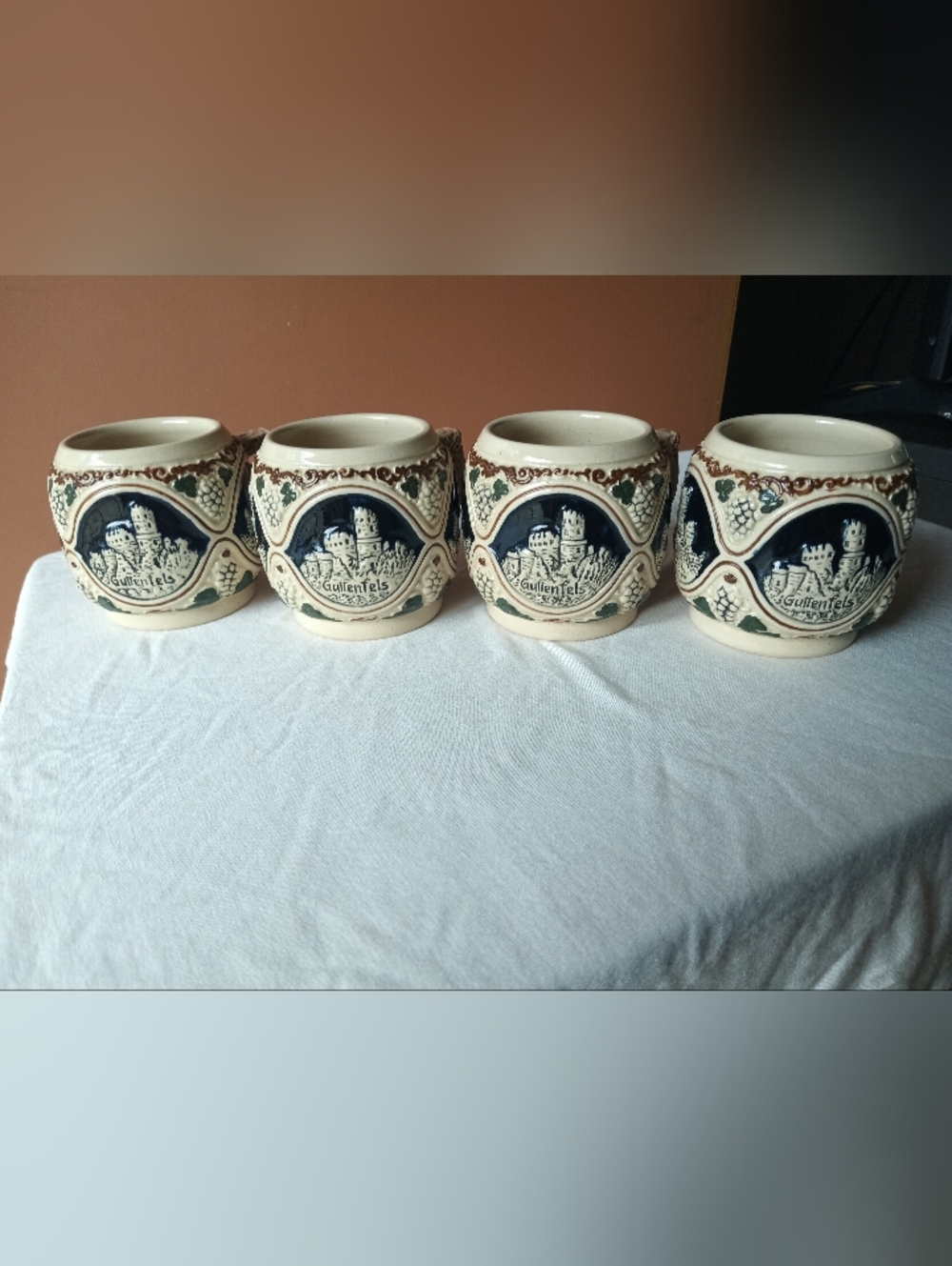 Set Of 4 Vintage German Stoneware Beer Stein Mugs in Cream & Navy - Picture 2 of 7